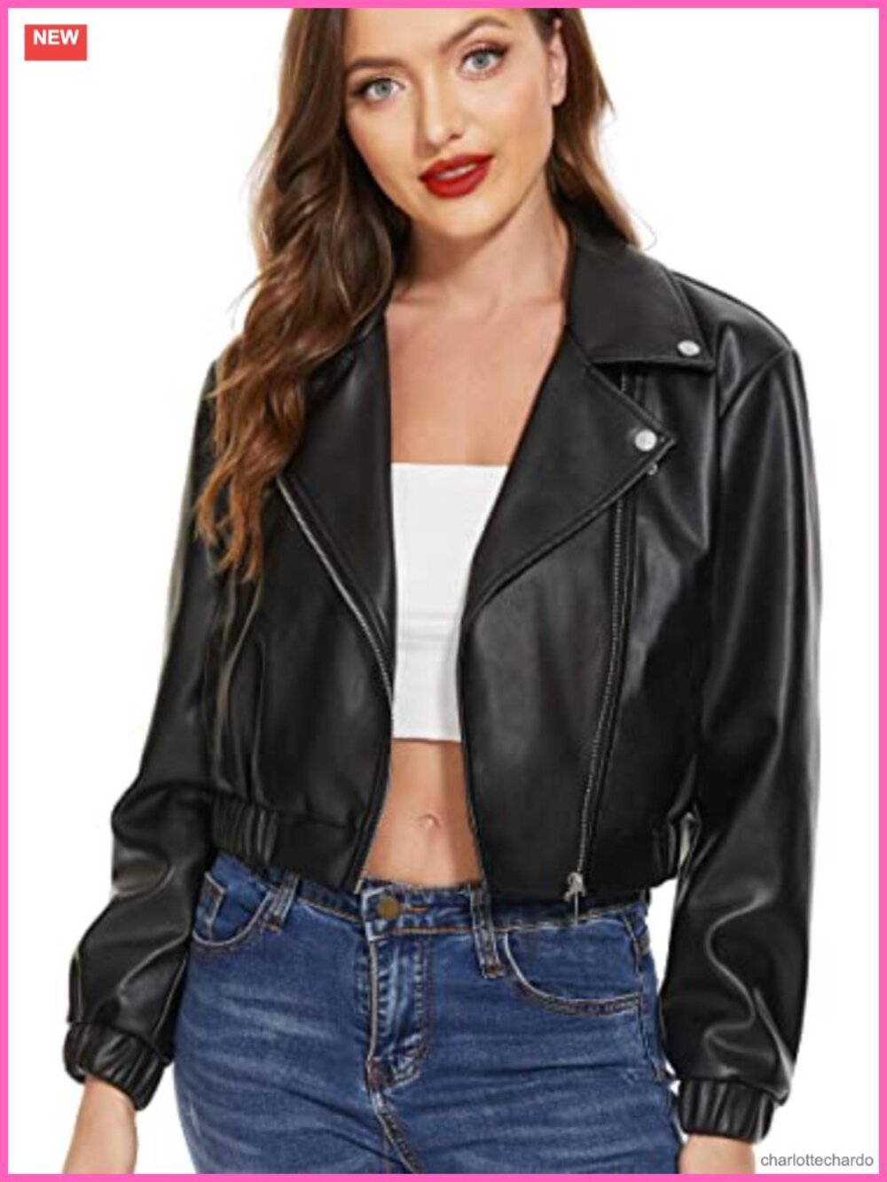 Faux Leather Moto Jacket Cropped Zip Spread Collar